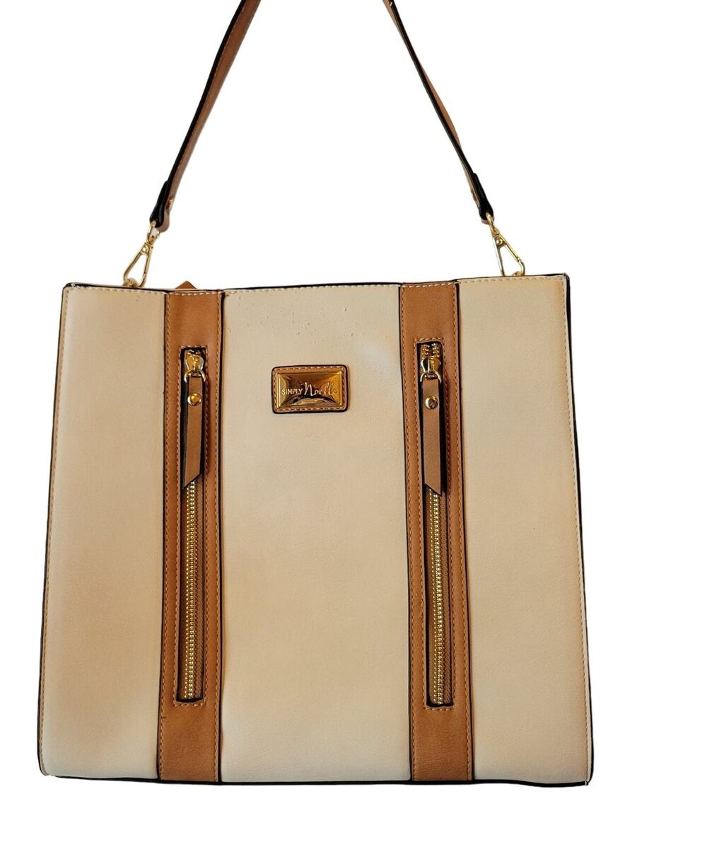 Simply Noelle Structured Bag Cream with Brown Leather Trim Accents 12x 12.25x4.5